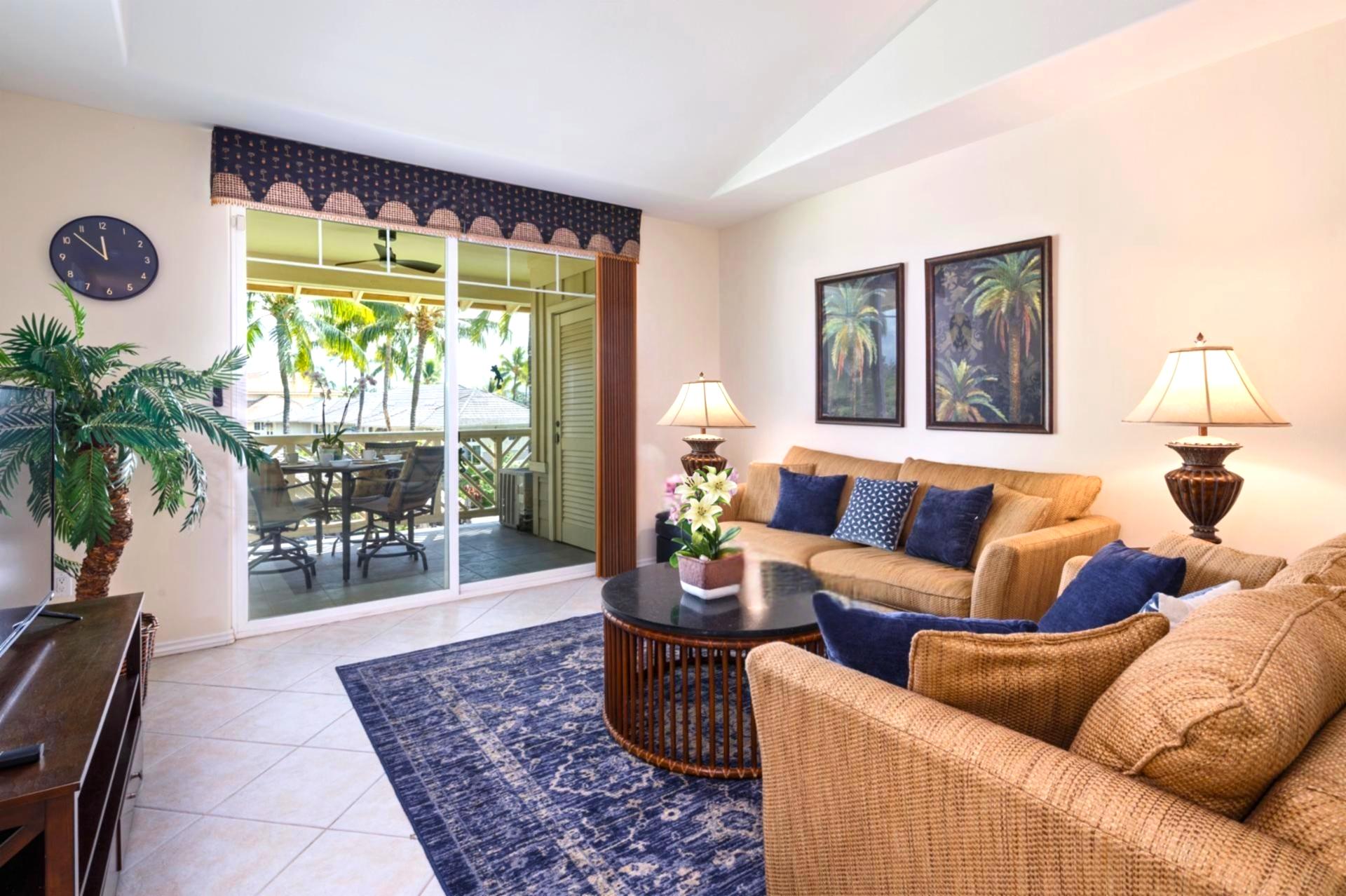 Kick back in your airy living space, with ceiling fan comfort and easy lanai access.