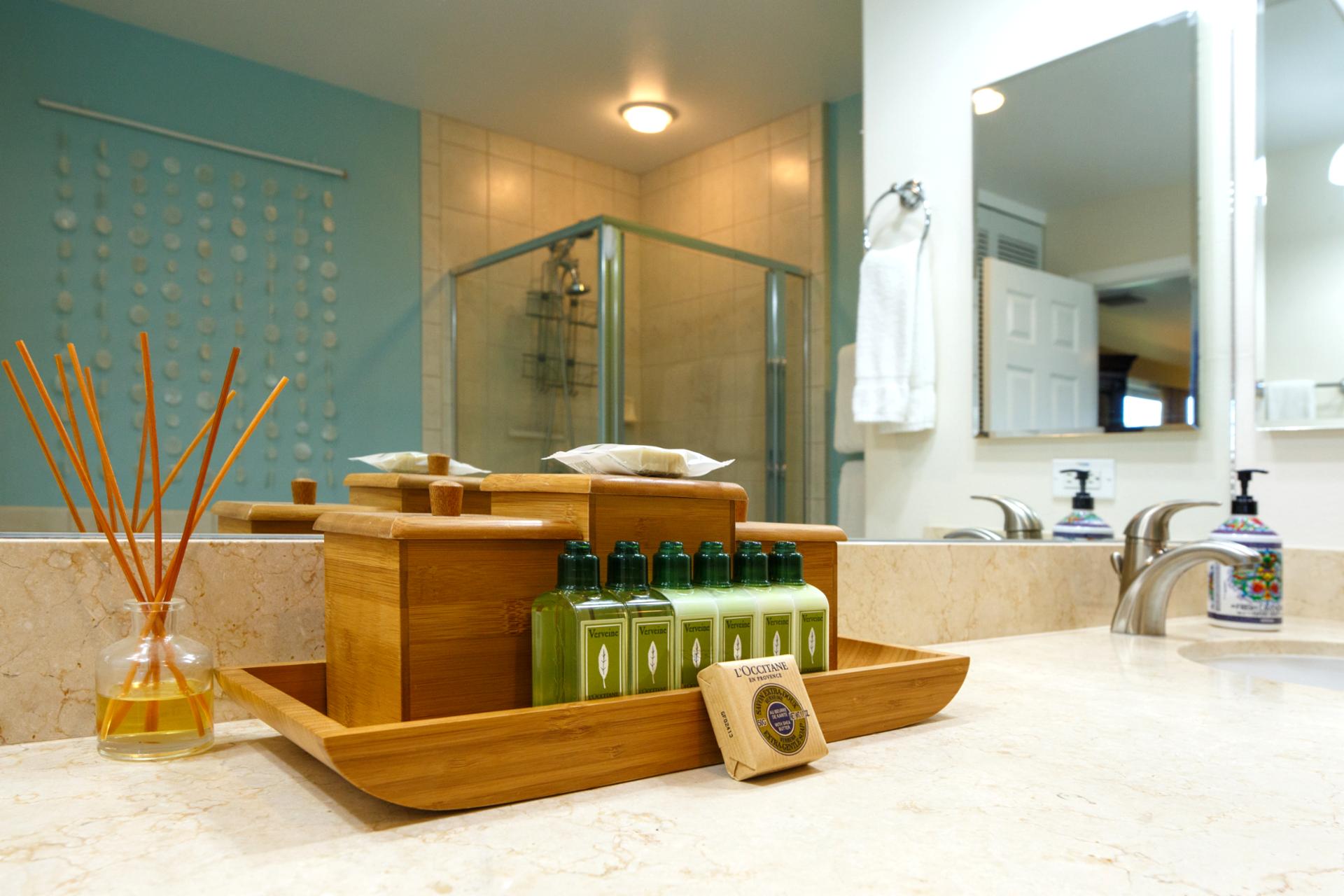 Upscale toiletries add spa-like touches to the master bath
