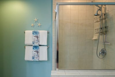 Clean tiled shower and tub with tropical colors and fresh design