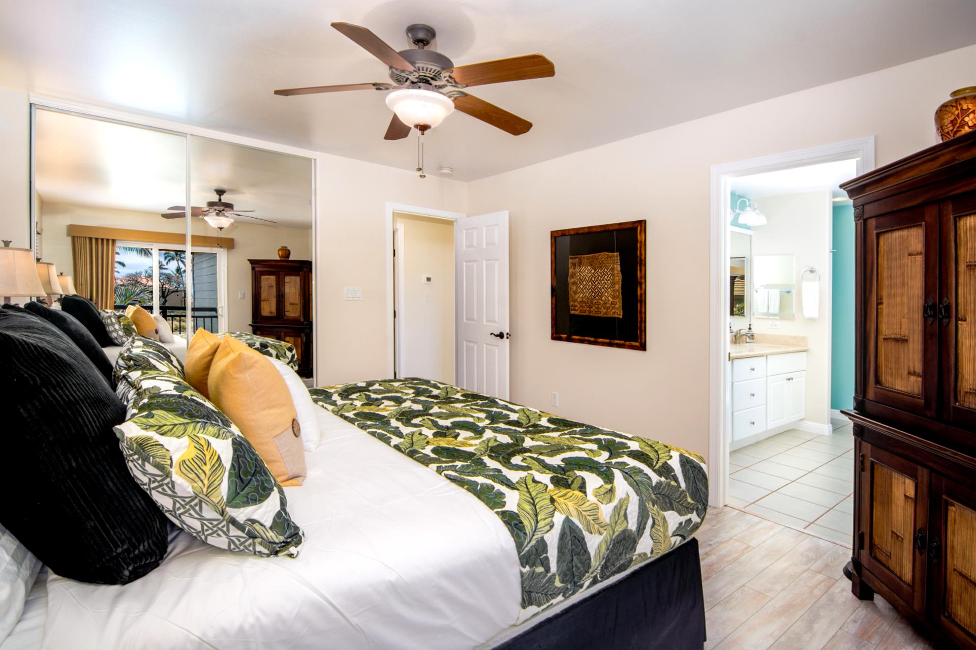 Roomy and relaxing with ceiling fan comfort and rich wood tones