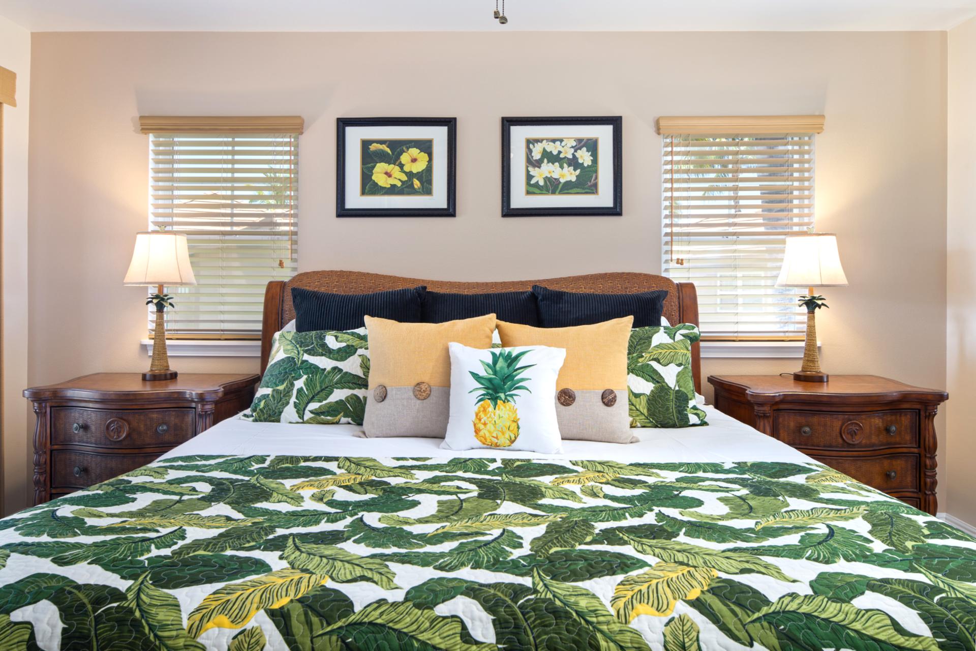 Bright and restful bedroom with botanical flair and twin nightstands