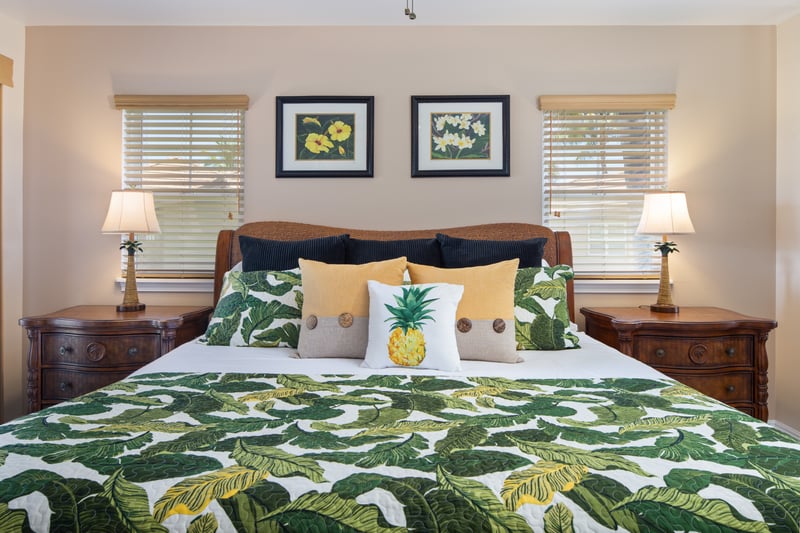 Bright and restful bedroom with botanical flair and twin nightstands WCV-305