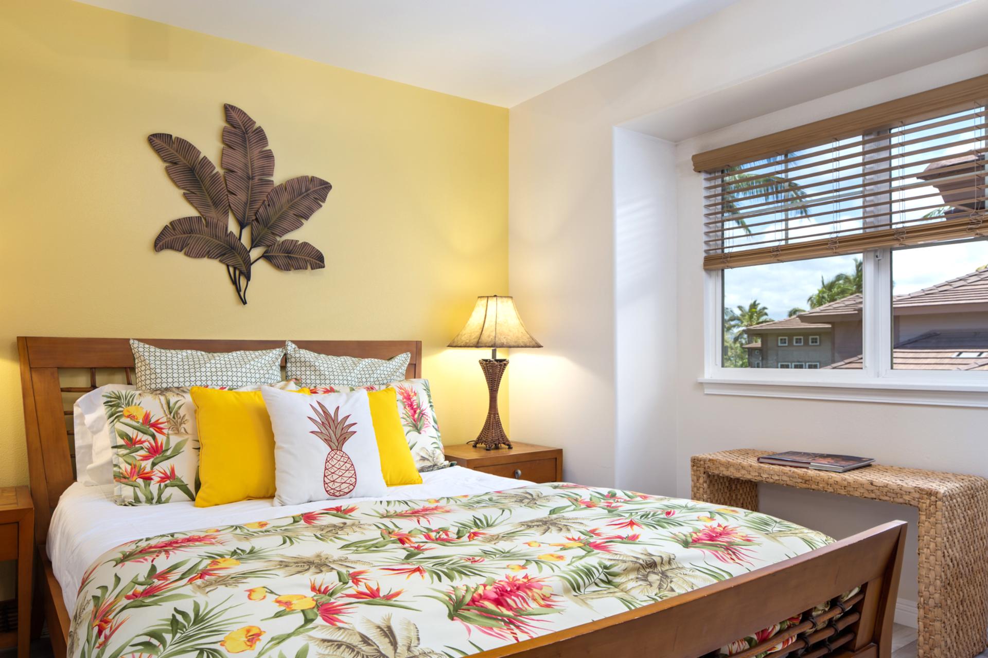 Bright and cheerful bedroom with vibrant pillows and natural light