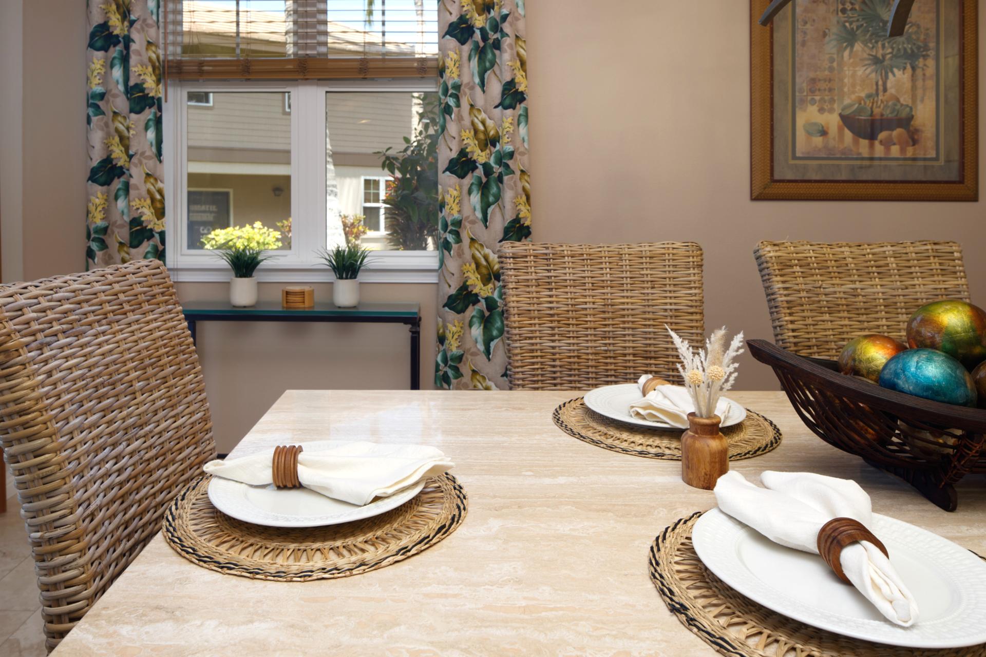 Island-inspired dining setup with woven textures and natural tones