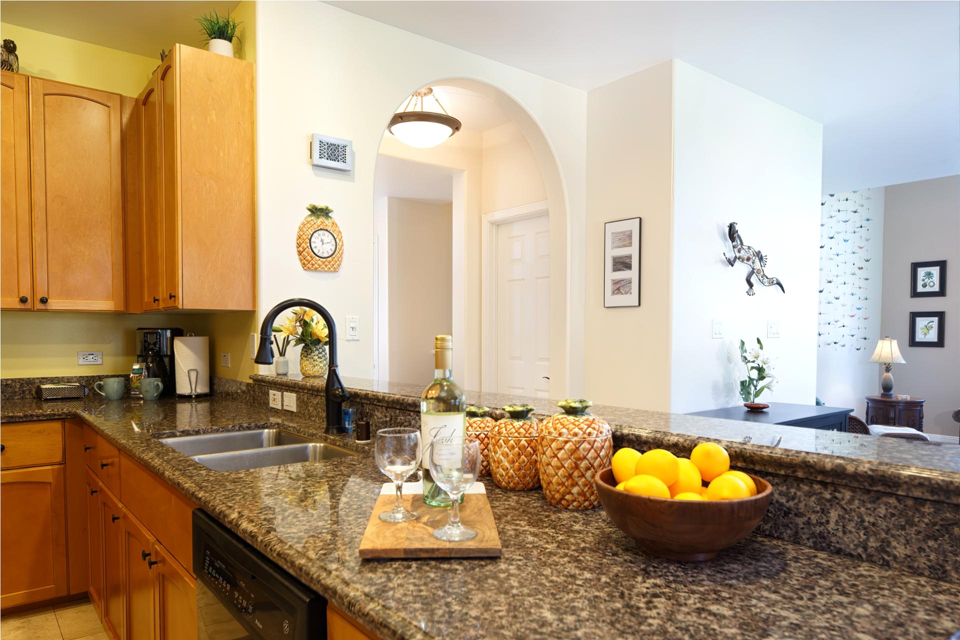 Beautiful granite kitchen ready for home-cooked island meals