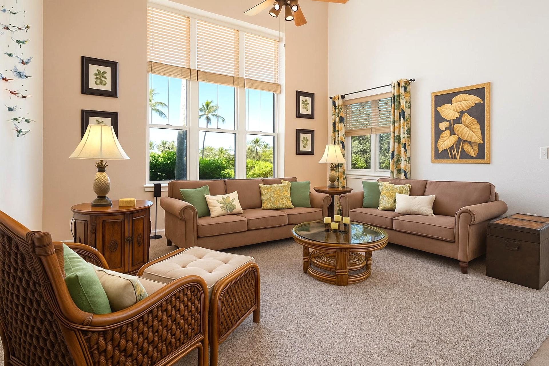 Sunlit space with tropical decor and large windows bringing the outdoors in