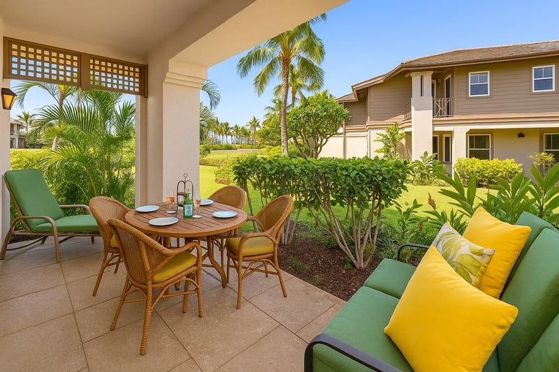 Lounge in tropical comfort on this shaded lanai with lush garden views