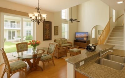 Elegant living room with serene views, plush seating, and natural light throughout