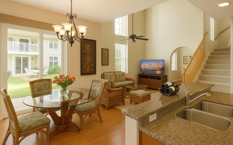 Elegant living room with serene views, plush seating, and natural light throughout
