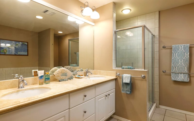 Spacious bathroom with dual sinks and a walk-in glass shower for a touch of luxury