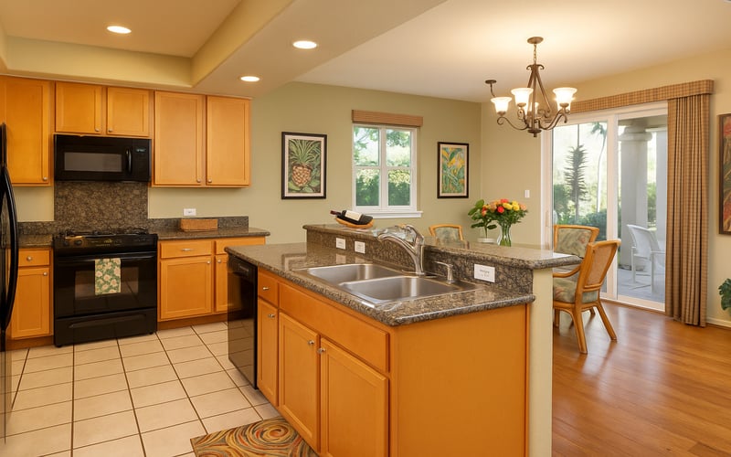 Bright, open kitchen with bar seating and all the essentials for a gourmet meal