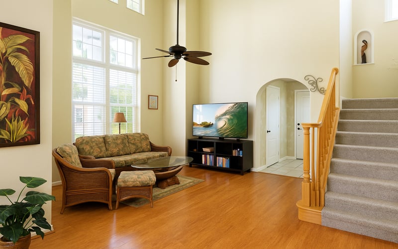 Enjoy serene mornings with garden views from your stylish and sunlit living room