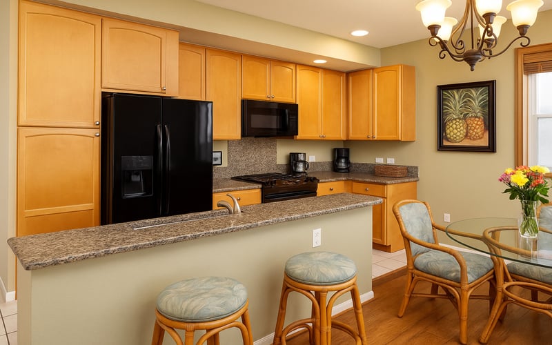 Enjoy morning coffee or evening wine at the bar of this beautiful granite kitchen