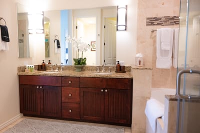 The spacious primary bath features dual vanities and generous counter space for added convenience FVW-L21