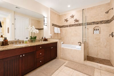 Spa-like primary bathroom complete with a double vanity and a spacious walk-in shower and soaking tub FVW-L21