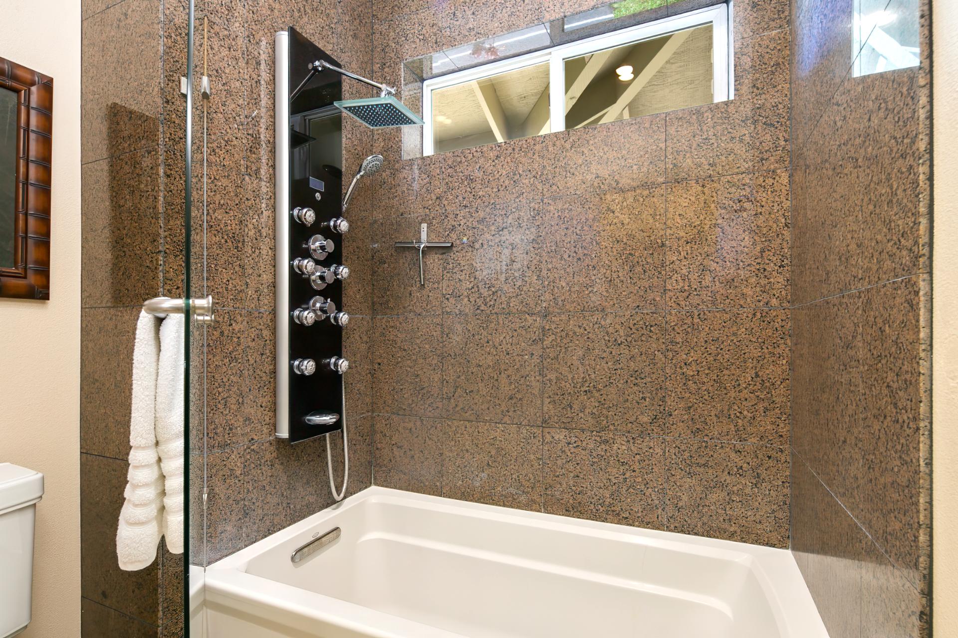 A beautifully appointed bathroom with everything you need to feel at home