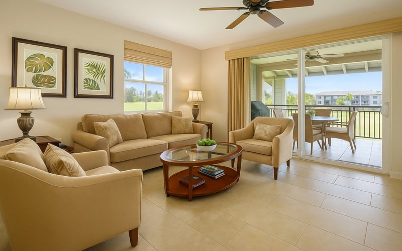 Open, airy living room with calming hues and seamless access to the outdoor lanai HLI-12A