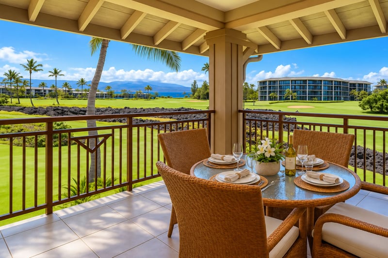 A table for outdoor dining sits on your lanai, with golf course fairways and ocean views setting the scene for meals outside. HLI-12A