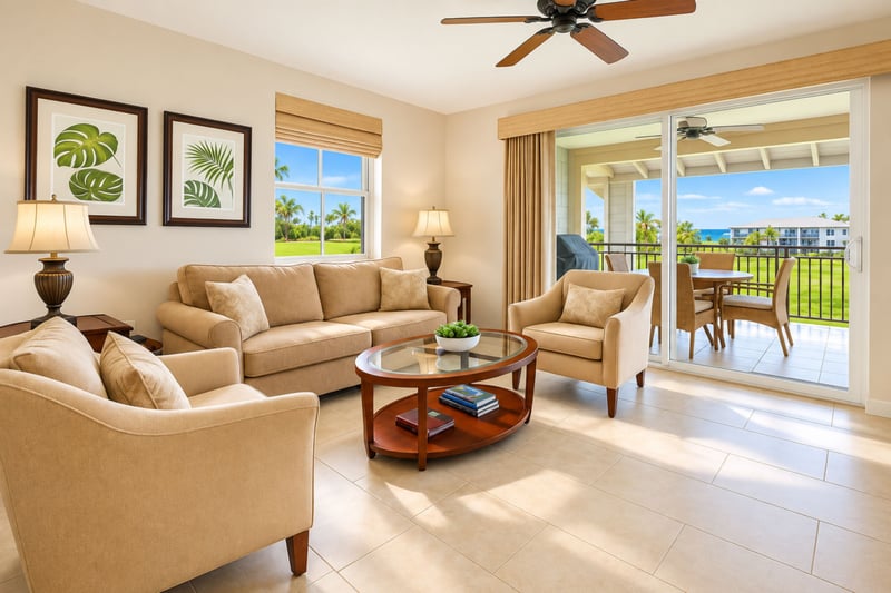 Your living room opens directly to the lanai, with comfortable seating and golf course views bringing the outdoors into everyday use. HLI-12A