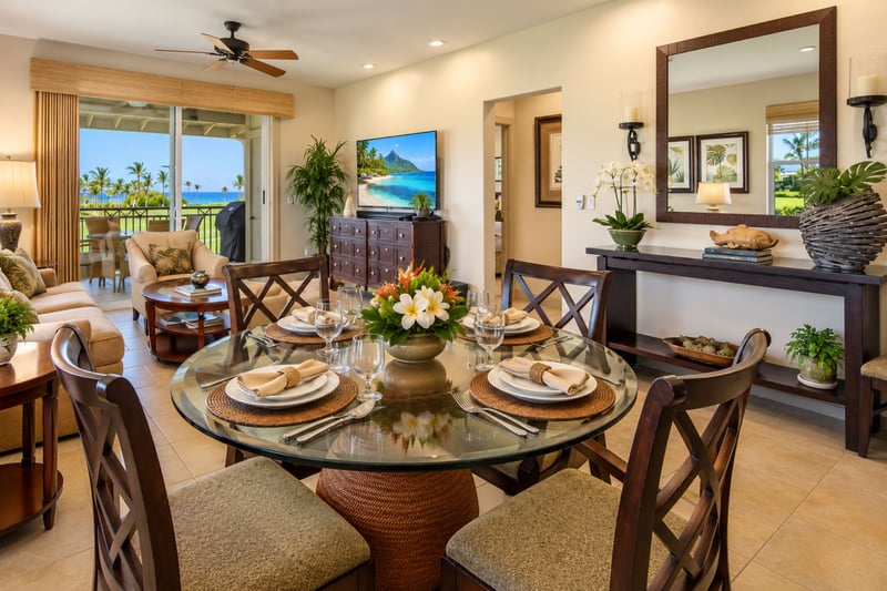 Your dining table sits beneath a statement mirror, just steps from the open kitchen for easy meals and conversation. HLI-12A