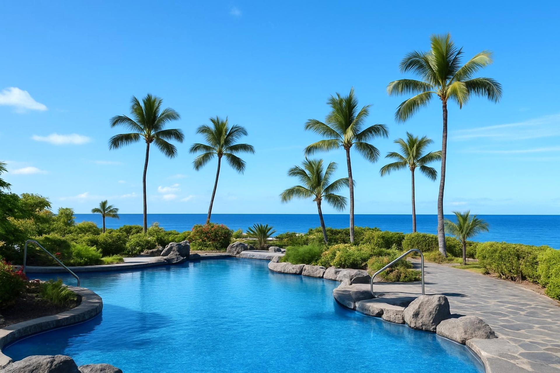 Where crystal waters meet endless blue skies—your serene escape framed by palms and ocean breeze at the pool of Halii Kai