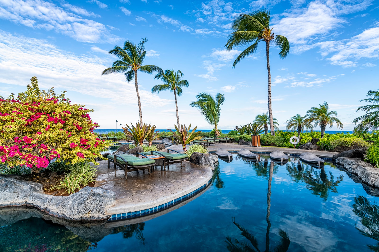Lounge beneath the palms beside the freeform pool, surrounded by vibrant island flora and serene water features.