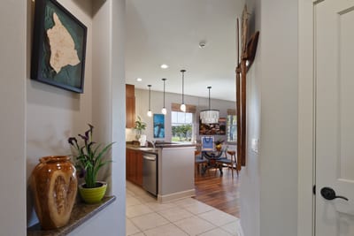 The hallway features island decor