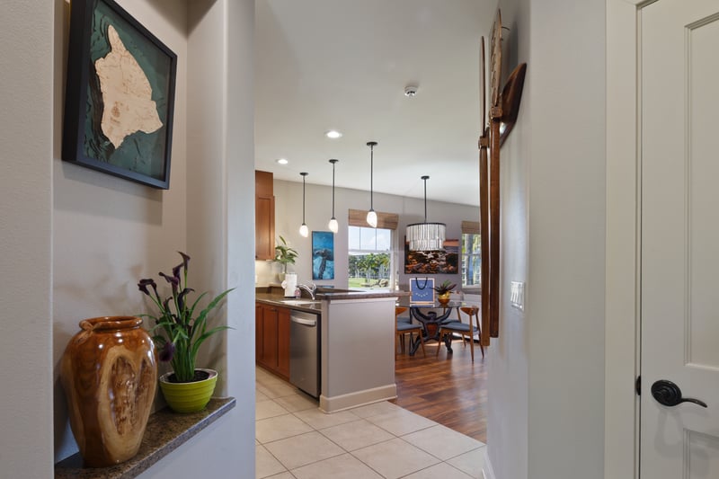 The hallway features island decor