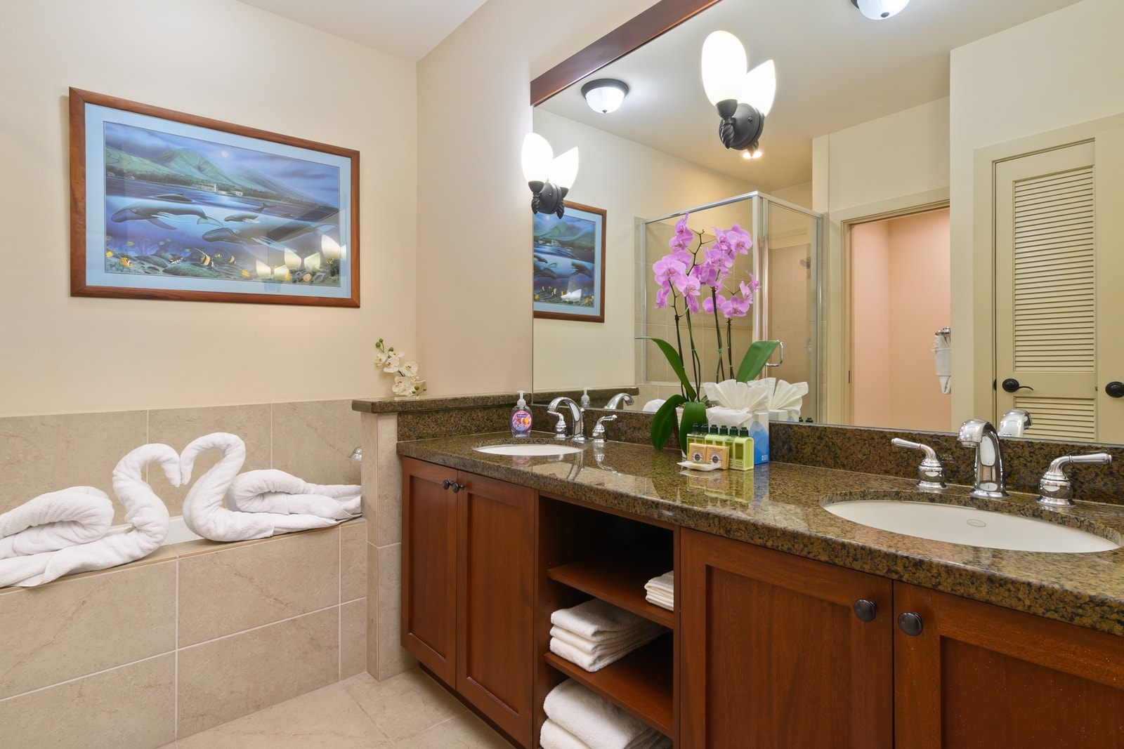 Spa inspired primary bath with double vanity comfort