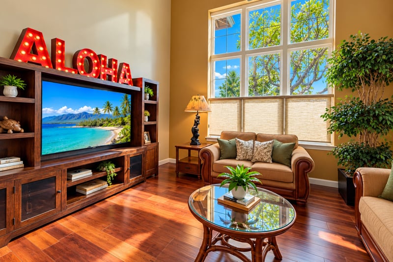 Your living room pairs a large wall-mounted TV and display cabinets with tall windows that fill the space with natural light.