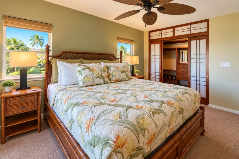 Primary bedroom with a king bed, a built-in closet with shoji style sliding doors, and windows facing palm trees.