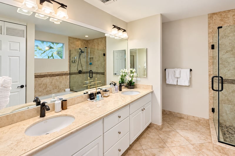 Primary bathroom double vanity with undermount sinks and a wide mirror, with the shower just beyond.