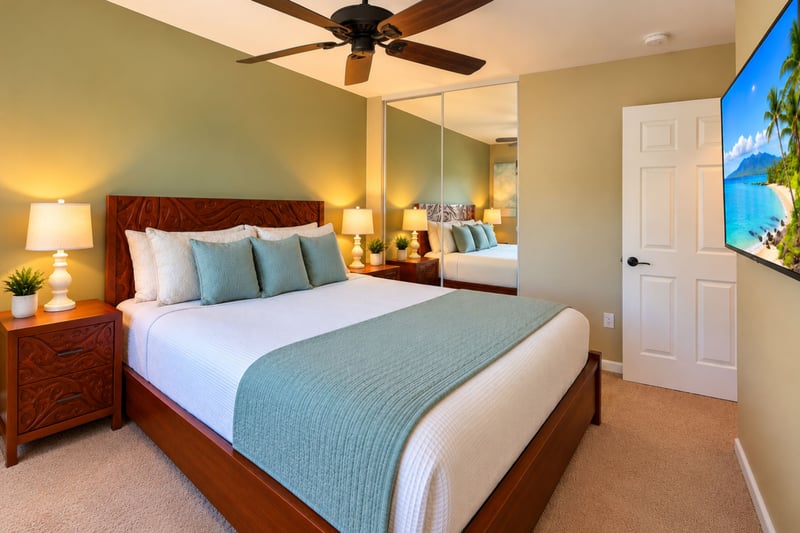 Carved wood headboard and matching nightstands give this bedroom a warm island feel, with a TV mounted on the wall.