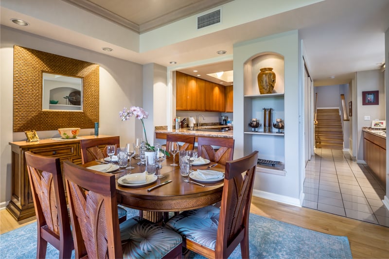 Gather around the beautiful wooden dining table for memorable vacation dinners.