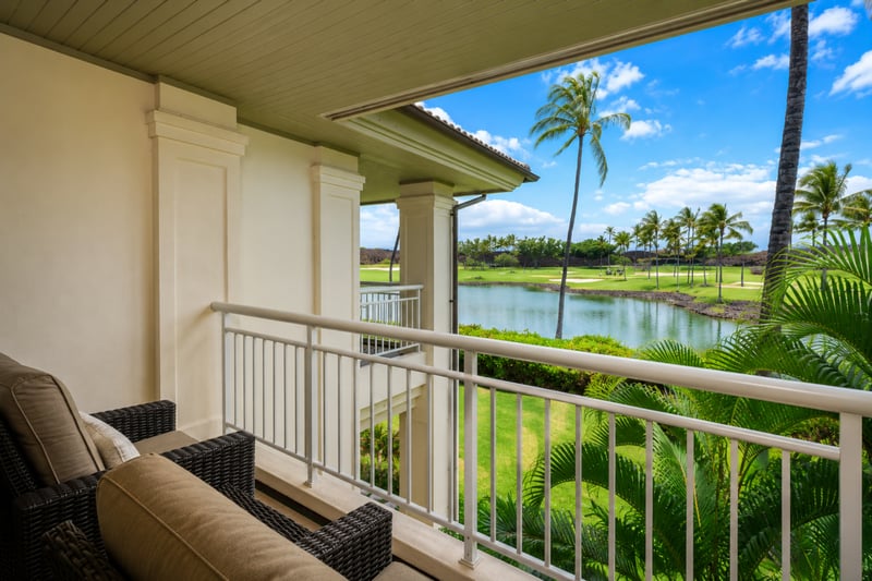 The guest bedroom features a private, tucked in lanai complete with golf course views