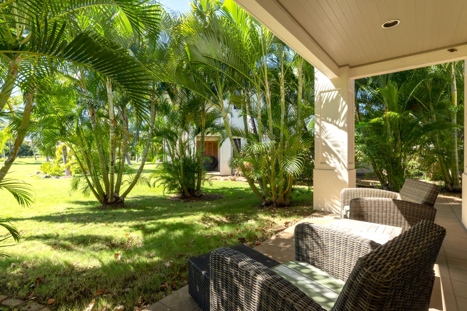 Elegant outdoor living—perfect for morning reads or evening wine under the trees