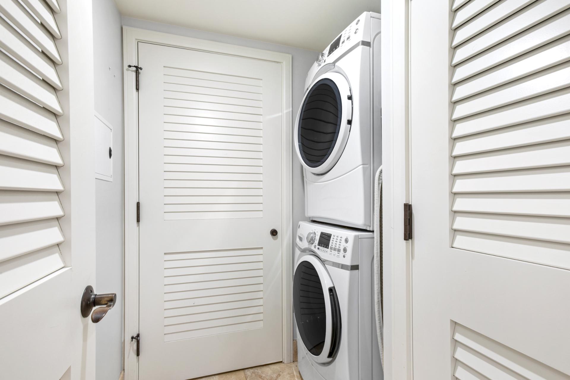 Full-size washer and dryer right where you need them for sandy clothes and fresh starts