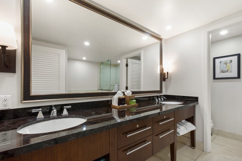 Spa-like guest bath with double vanity and plenty of room for your whole group to get ready. 