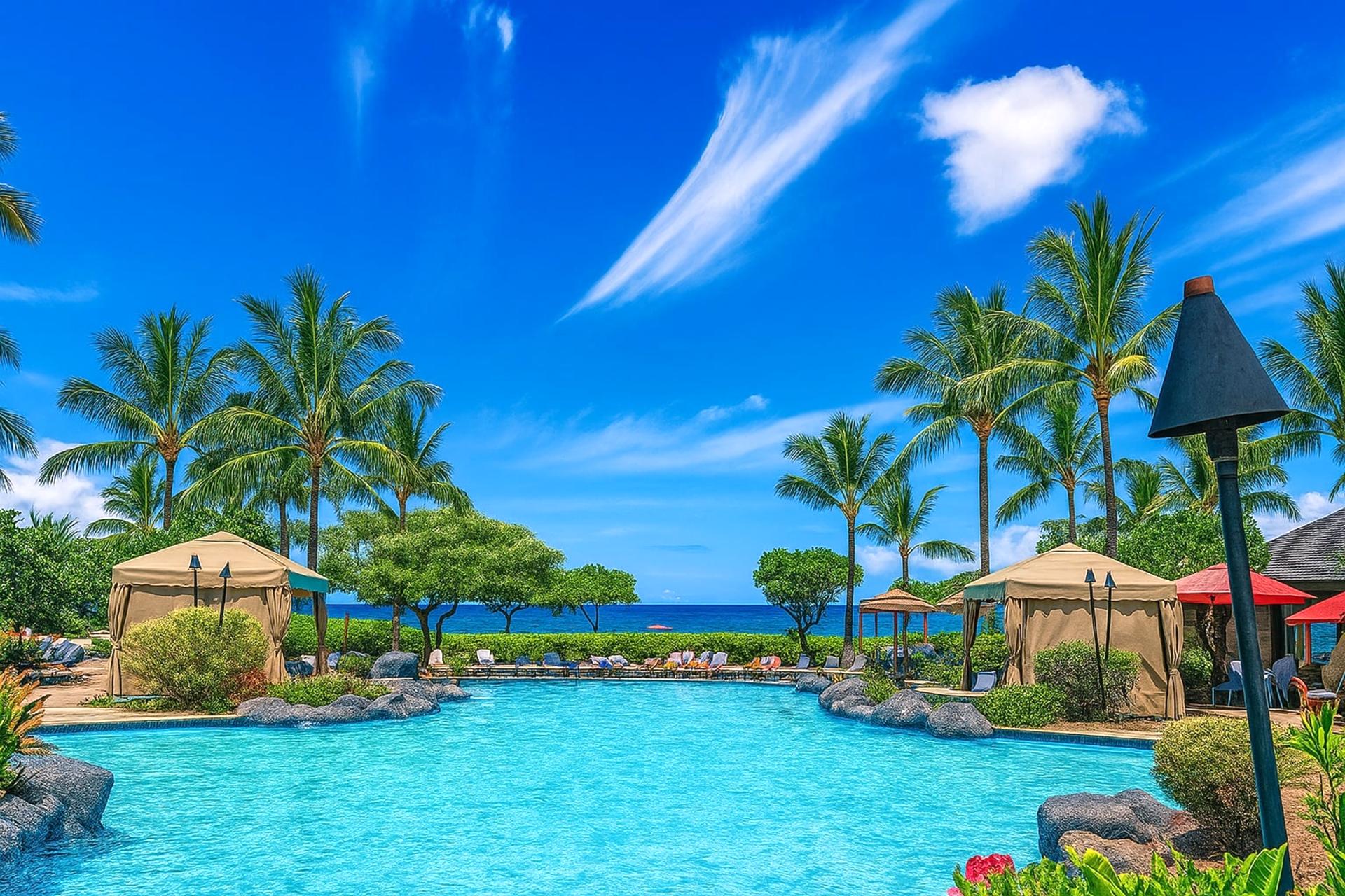 Lagoon-style pool with tiki torches and cabanas set against brilliant blue skies and Maui’s stunning coastline