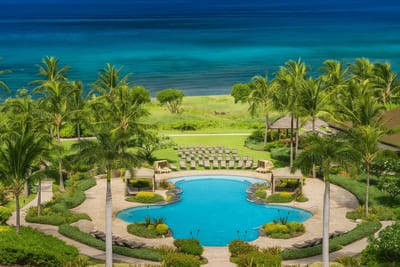 Oceanfront infinity-edge pool framed by tropical palms and lush gardens—your Maui resort escape starts here HKH-211