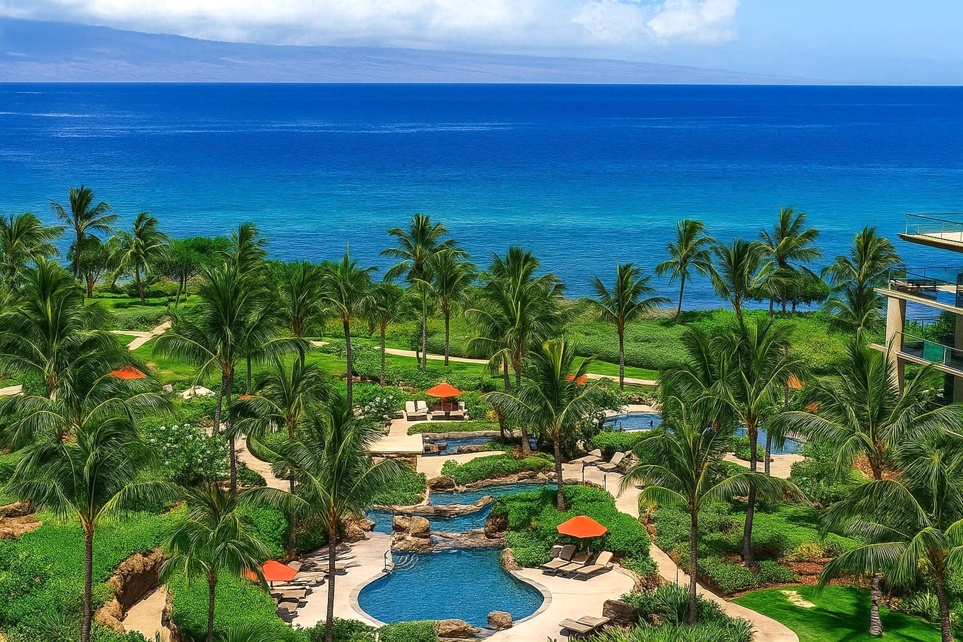 Surrounded by manicured gardens and blue horizons, this oceanfront pool is your tranquil Maui hideaway