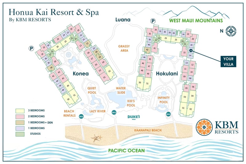 Resort site map at Honua Kai Resort & Spa — Hokulani 216's location relative to the infinity pool, water slide, and Kaanapali Beach