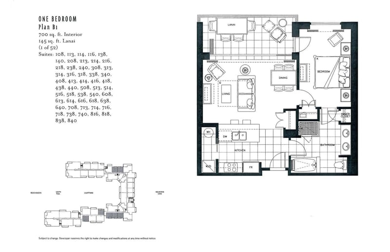 Floor plan at Honua Kai Hokulani 216 — one-bedroom Plan B1 layout with 700 sq. ft. of interior living space plus a 145 sq. ft. lanai