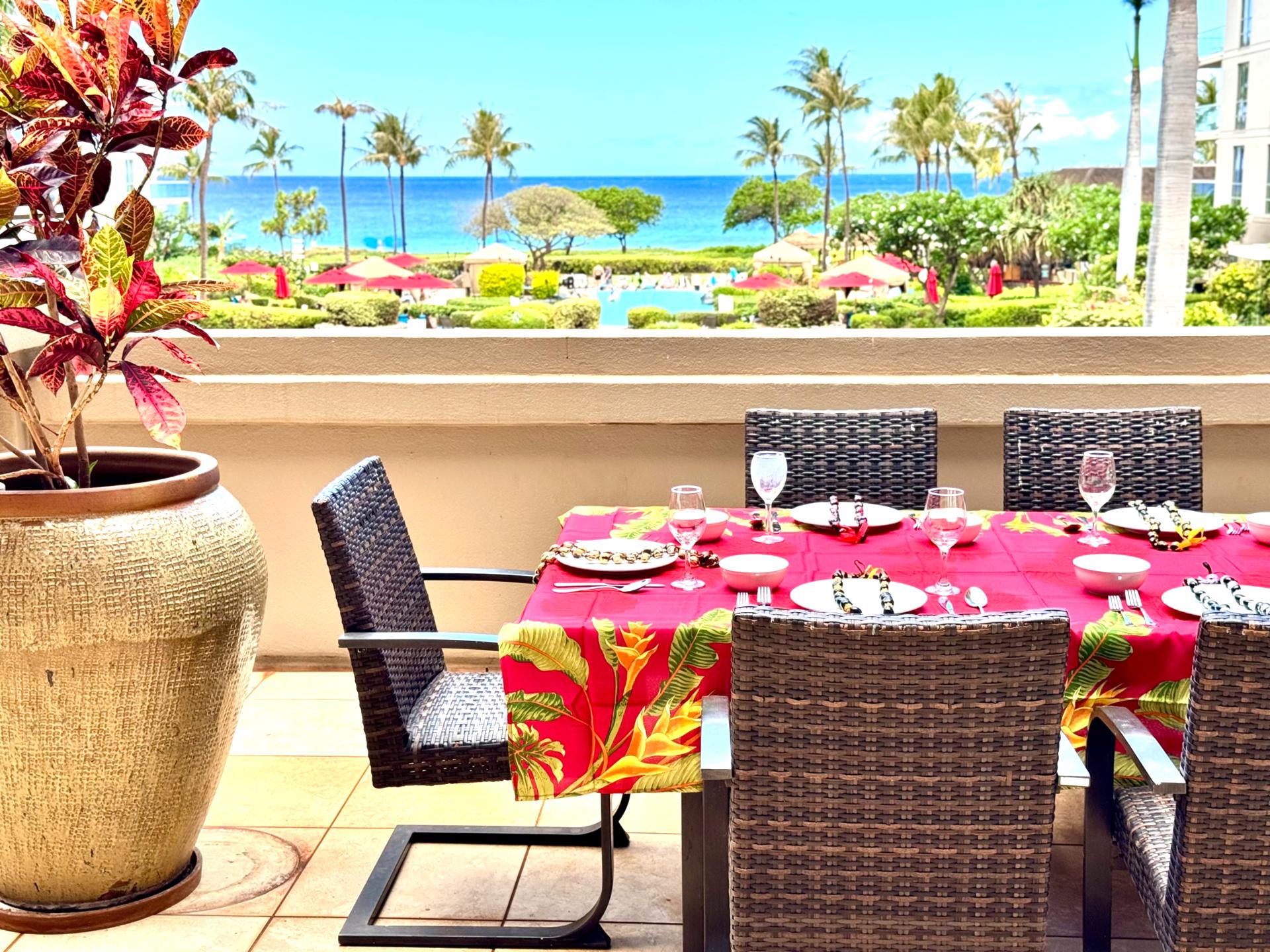 Dine, unwind, and soak in the serenity of your private lanai