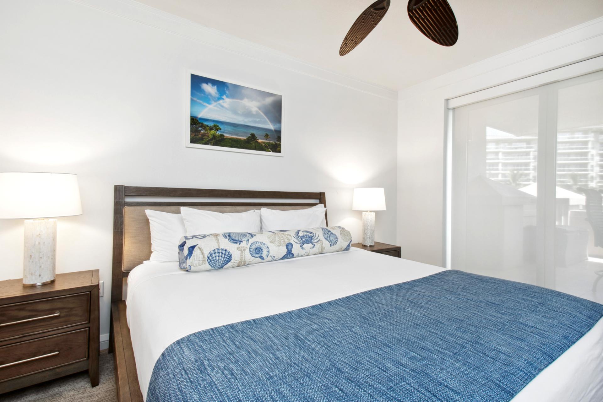 Coastal bedroom retreat with serene colors and peaceful, bright island ambiance