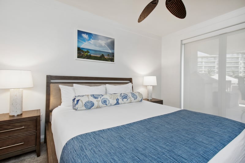 Coastal bedroom retreat with serene colors and peaceful, bright island ambiance