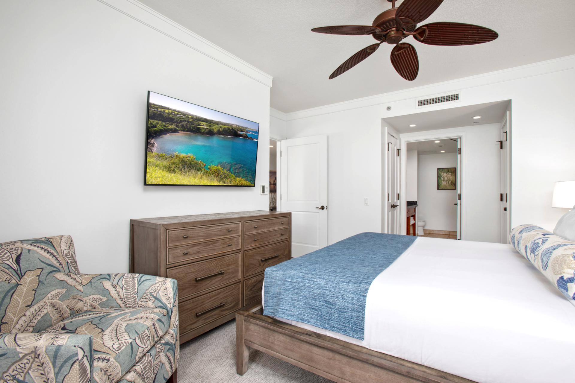 Relax in a bright, breezy bedroom with tranquil island touches