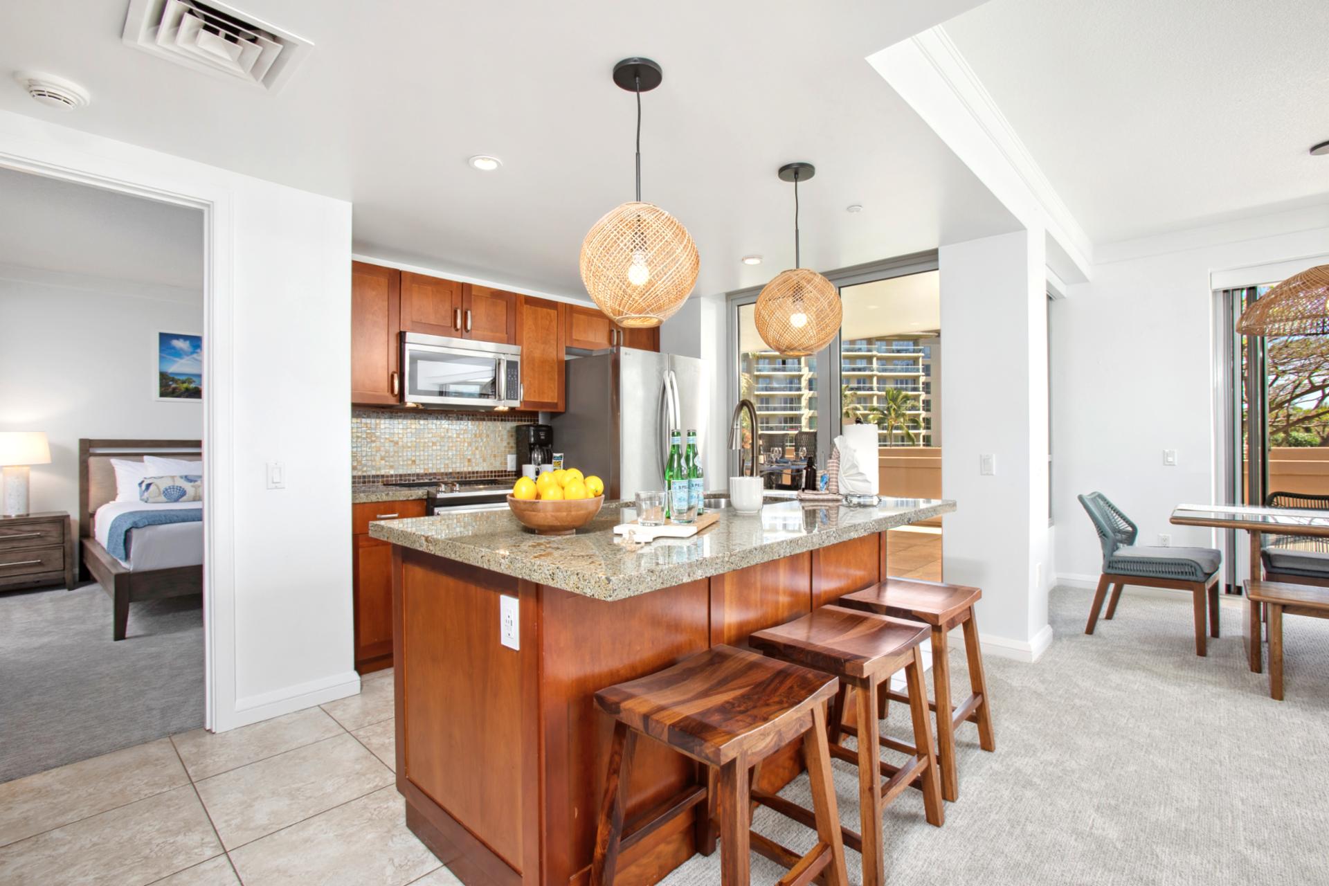 Coastal kitchen charm with natural light and island comfort