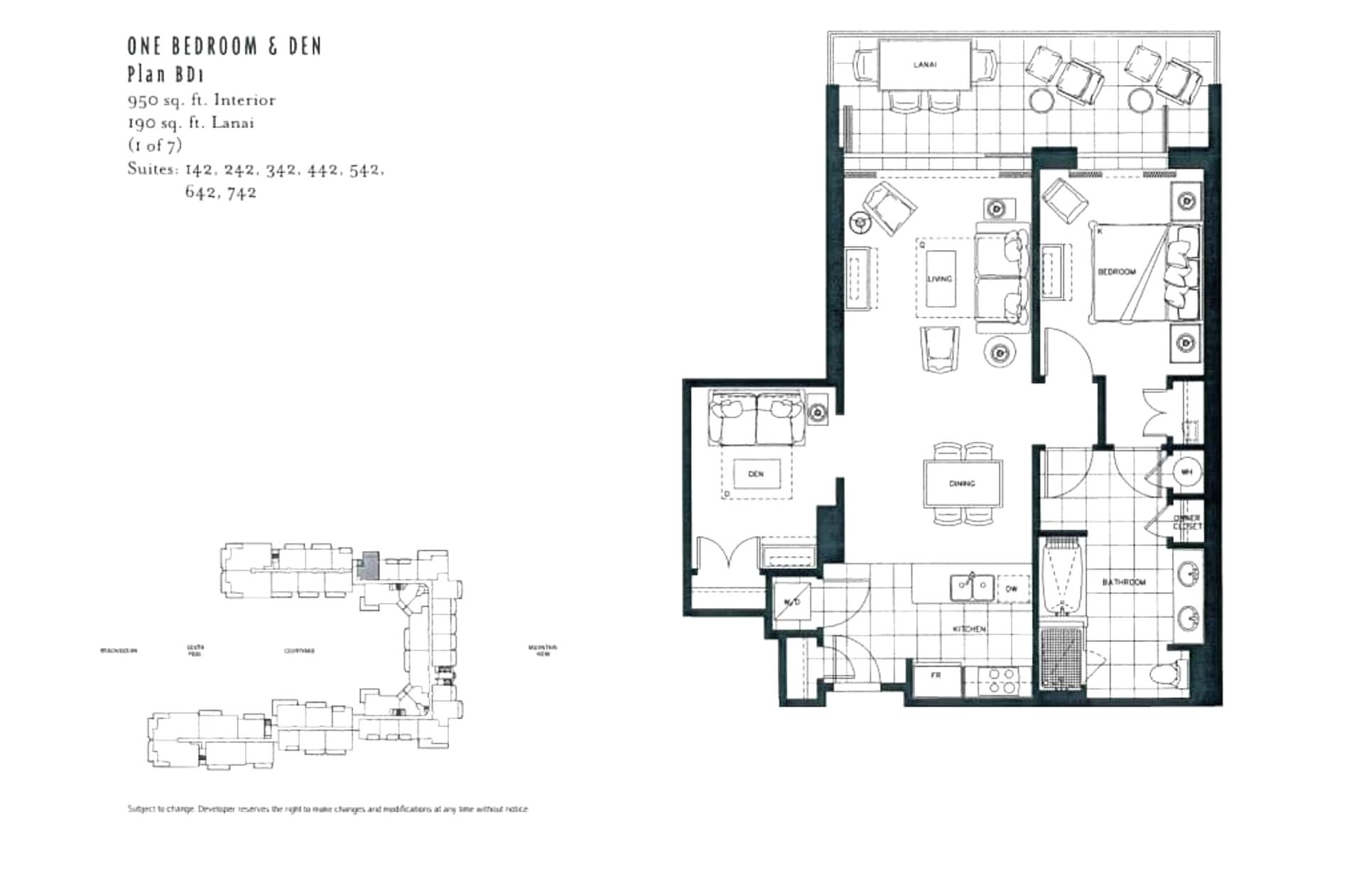 Get a clear view of your unit layout with this detailed floor plan, including bedrooms, kitchen, and lanai.