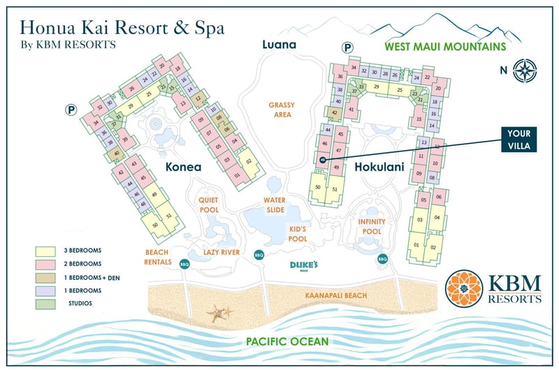 Resort map at Honua Kai Resort & Spa — Hokulani 348 is steps from the Infinity Pool